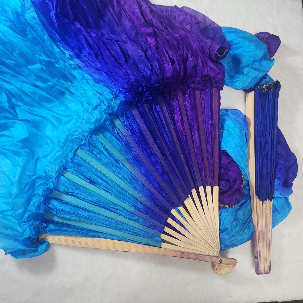 Nimiman Real Silk Belly Dance Fan Veils 1.5M Gradient Turquoise Blue Purple Pair